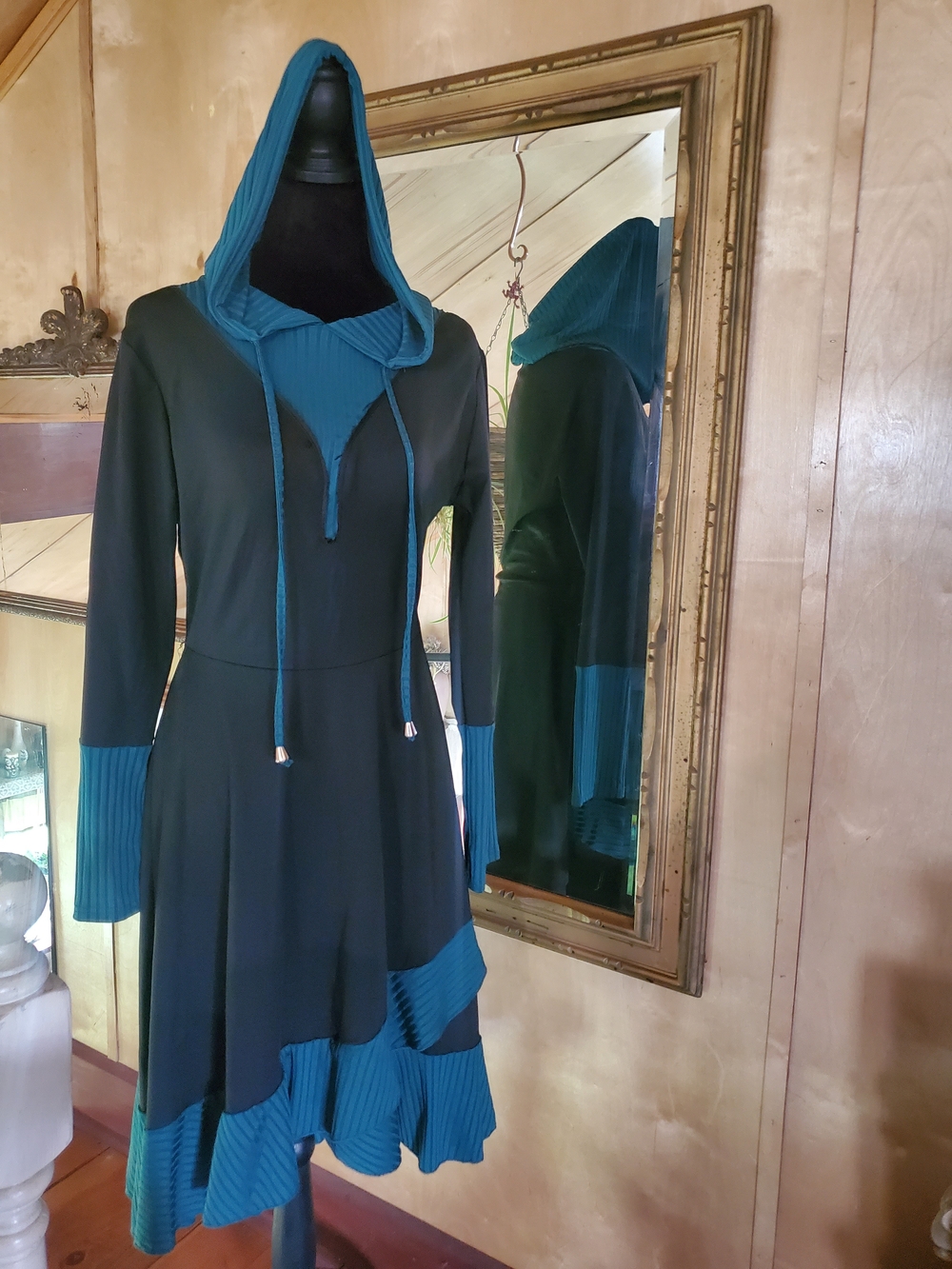 Whimsigoth Hooded Colorblock Dress – Teal & Black Asymmetrical Fairycore Midi -